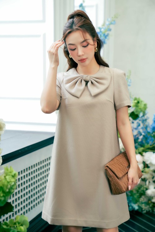 Sixdo Grayish Brown Bowtie Mini Raw Dress